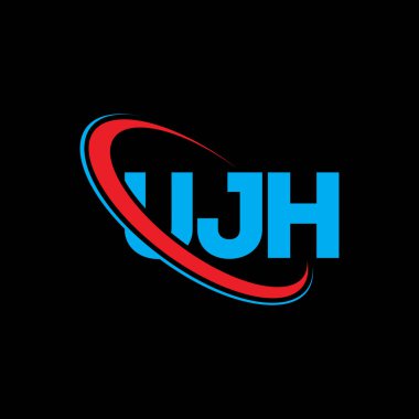 UJH logosu. UJH mektubu. UJH harf logosu tasarımı. Çember ve büyük harfli monogram logosuna bağlı UJH logosu. Teknoloji, iş ve emlak markası için UJH tipografisi.