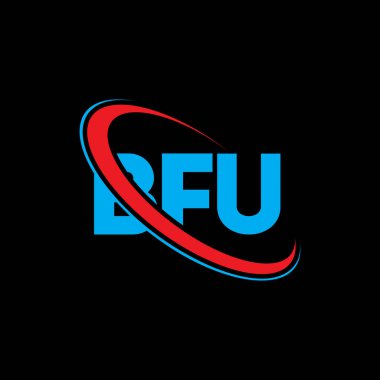 BFU logosu. BFU mektubu. BFU harf logosu tasarımı. Çember ve büyük harfli monogram logosuyla birleştirilmiş BFU logosu. Teknoloji, iş ve emlak markası için BFU tipografisi.