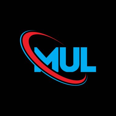MUL logosu. MUL mektubu. MUL harf logosu tasarımı. Çember ve büyük harfli monogram logosuna bağlı baş harfler. Teknoloji, iş ve emlak markası için MUL tipografisi.