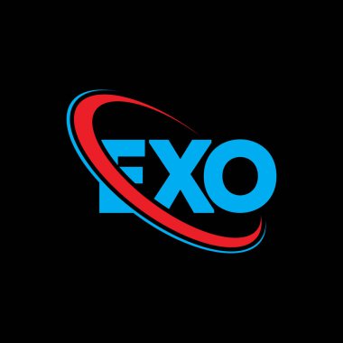 Exo logosu. EXO mektubu. EXO harf logosu tasarımı. Çember ve büyük harfli monogram logosuyla birleştirilmiş EXO logosu. Teknoloji, iş ve emlak markası için EXO tipografisi.