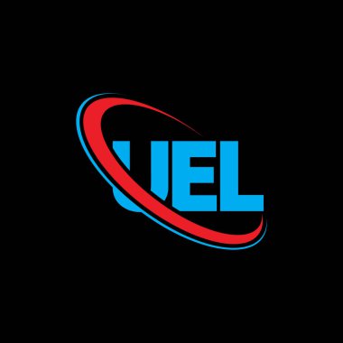 UEL logosu. UEL mektubu. UEL harfli logo tasarımı. Çember ve büyük harfli monogram logosuyla birleştirilmiş UEL logosu. Teknoloji, iş ve emlak markası için UEL tipografisi.