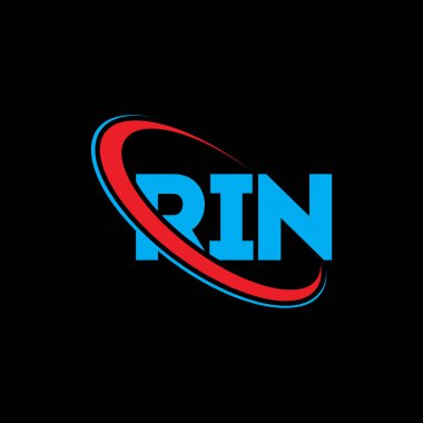 RIN logosu. RIN mektubu. RIN mektup logosu tasarımı. Çember ve büyük harfli monogram logosuna bağlı RIN logosu. Teknoloji, iş ve emlak markası için RIN tipografisi.