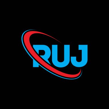 RuJ logosu. RuJ mektubu. RuJ harf logosu tasarımı. Çember ve büyük harfli monogram logosuna bağlı RUJ logosu. RuJ teknoloji, iş ve gayrimenkul markası tipografisi.
