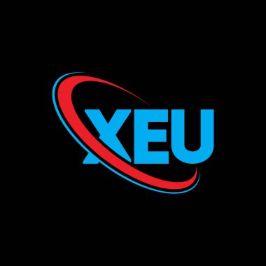 XEU logosu. XEU mektubu. XEU harf logosu tasarımı. Çember ve büyük harfli monogram logosuna bağlı XEU logosu. Teknoloji, iş ve emlak markası için XEU tipografisi.