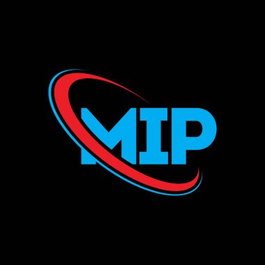 MIP logosu. MIP mektubu. MIP harf logosu tasarımı. Çember ve büyük harfli monogram logosuna bağlı MIP logosu. Teknoloji, iş ve emlak markası için MIP tipografisi.