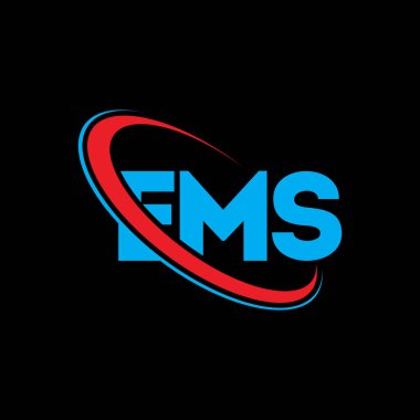 EMS logosu. Acil servis mektubu. EMS mektup logosu tasarımı. Çember ve büyük harfli monogram logosuna bağlı EMS logosu. Teknoloji, iş ve emlak markası için EMS tipografisi.