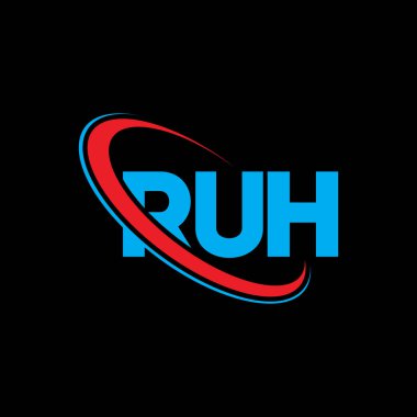RUH logosu. RUH mektubu. RUH harfli logo tasarımı. Çember ve büyük harfli monogram logosuna bağlı RUH logosu. Teknoloji, iş ve emlak markası için RUH tipografisi.