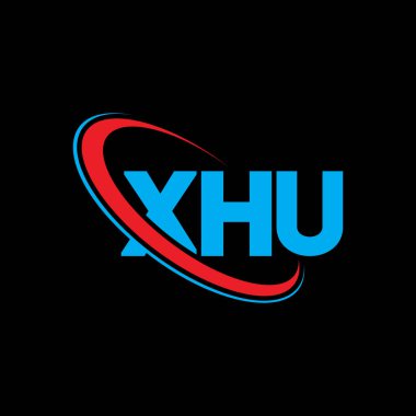 XHU logosu. XHU mektubu. XHU harf logosu tasarımı. Çember ve büyük harfli monogram logosuna bağlı XHU logosunun baş harfleri. Teknoloji, iş ve emlak markası için XHU tipografisi.