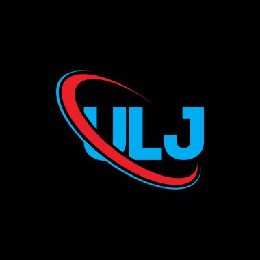 ULJ logosu. ULJ mektubu. ULJ harf logosu tasarımı. Çember ve büyük harfli monogram logosuna bağlı ULJ logosu. ULJ teknoloji, iş ve emlak markası tipografisi.