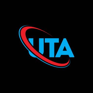 UTA logosu. UTA mektubu. UTA mektup logosu tasarımı. Çember ve büyük harfli monogram logosuna bağlı UTA logosu. Teknoloji, iş ve emlak markası için UTA tipografisi.