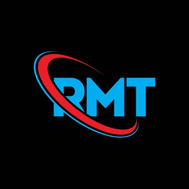 RMT logosu. RMT mektubu. RMT harf logosu tasarımı. Çember ve büyük harfli monogram logosuna bağlı RMT logosu. Teknoloji, iş ve emlak markası için RMT tipografisi.