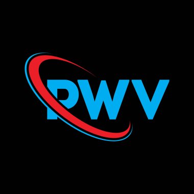 PWV logosu. PWV mektubu. PWV mektup logosu tasarımı. Çember ve büyük harfli monogram logosuyla birleştirilmiş PWV logosu. Teknoloji, iş ve emlak markası için PWV tipografisi.