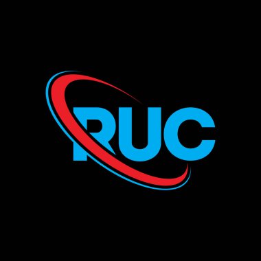 RUC logosu. Ruc mektubu. RUC harf logosu tasarımı. Çember ve büyük harfli monogram logosuna bağlı RUC logosu. Teknoloji, iş ve emlak markası için RUC tipografisi.