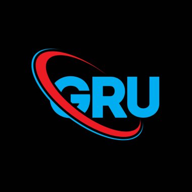 GRU logosu. GRU mektubu. GRU mektup logosu tasarımı. Çember ve büyük harfli monogram logosuna bağlı GRU logosu. GRU teknoloji, iş ve gayrimenkul markası tipografisi.