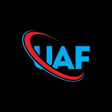 UAF logosu. UAF mektubu. UAF harf logosu tasarımı. Çember ve büyük harfli monogram logosuna bağlı ilk UAF logosu. Teknoloji, iş ve emlak markası için UAF tipografisi.
