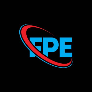 FPE logosu. FPE mektubu. FPE harf logosu tasarımı. Çember ve büyük harfli monogram logosuna bağlı FPE logosu. Teknoloji, iş ve emlak markası için FPE tipografisi.