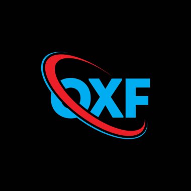 OXF logosu. OXF mektubu. OXF harf logosu tasarımı. Çember ve büyük harfli monogram logosuna bağlı baş harfler. Teknoloji, iş ve emlak markası için OXF tipografisi.