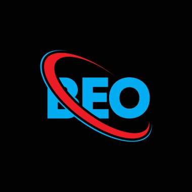 BEO logosu. BEO mektubu. BEO harf logosu tasarımı. Çember ve büyük harfli monogram logosuna bağlı baş harfler BEO logosu. Teknoloji, iş ve emlak markası BEO tipografisi.