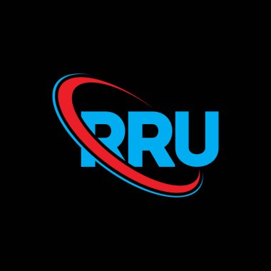 RRU logosu. RRU mektubu. RRU harf logosu tasarımı. Çember ve büyük harfli monogram logosuna bağlı RRU logosu. Teknoloji, iş ve emlak markası için RRU tipografisi.