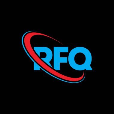 RFQ logosu. RFQ mektubu. RFQ harf logosu tasarımı. Çember ve büyük harfli monogram logosuna bağlı baş harfler RFQ logosu. Teknoloji, iş ve emlak markası için RFQ tipografisi.