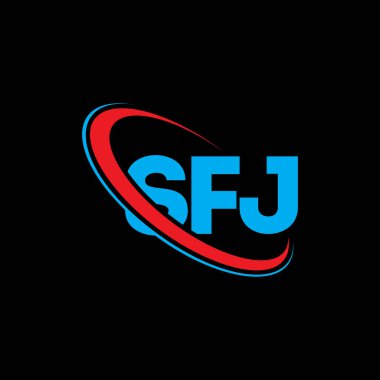 SFJ logosu. SFJ mektubu. SFJ harf logosu tasarımı. Çember ve büyük harfli monogram logosuna bağlı SFJ logosu. Teknoloji, iş ve emlak markası için SFJ tipografisi.