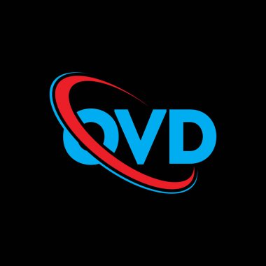 OVD logosu. OVD mektubu. OVD harf logosu tasarımı. Çember ve büyük harfli monogram logosuna bağlı OVD logosu. Teknoloji, iş ve emlak markası için OVD tipografisi.