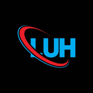 LUH logosu. LUH mektubu. LUH harfli logo tasarımı. Çember ve büyük harfli monogram logosuna bağlı LUH logosu. Teknoloji, iş ve emlak markası için LUH tipografisi.