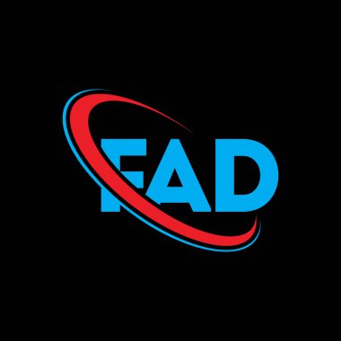 FAD logosu. FAD mektubu. FAD harfi logo tasarımı. Çember ve büyük harfli monogram logosuna bağlı FAD logosu. Teknoloji, iş ve emlak markası için FAD tipografisi.