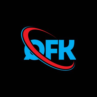 QFK logosu. QFK mektubu. QFK harf logosu tasarımı. Çember ve büyük harfli monogram logosuna bağlı QFK logosu. QFK teknoloji, iş ve emlak markası tipografisi.