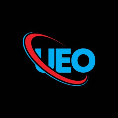 UEO logosu. UEO mektubu. UEO harf logosu tasarımı. Çember ve büyük harfli monogram logosuna bağlı ilk UEO logosu. Teknoloji, iş ve emlak markası için UEO tipografisi.