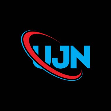 UJN logosu. UJN mektubu. UJN harf logosu tasarımı. Çember ve büyük harfli monogram logosuna bağlı UJN logosu. Teknoloji, iş ve emlak markası için UJN tipografisi.