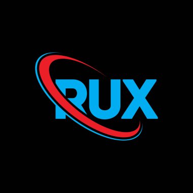 RUX logosu. Rux mektubu. RUX harfli logo tasarımı. Çember ve büyük harfli monogram logosuna bağlı RUX logosu. Teknoloji, iş ve emlak markası için RUX tipografisi.