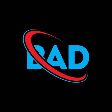 Kötü logo. Kötü mektup. Kötü harf logosu tasarımı. Çember ve büyük harfli monogram logosuna bağlı BAD logosu. Teknoloji, iş ve emlak markası için kötü bir tipografi.