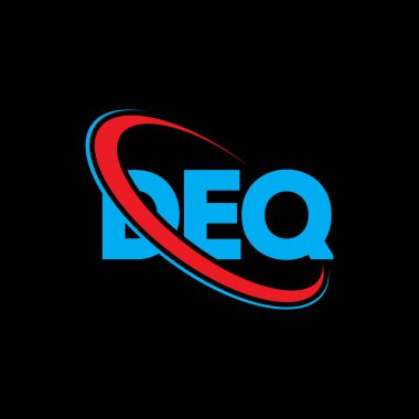 DEQ logosu. DEQ mektubu. DEQ harf logosu tasarımı. Çember ve büyük harfli monogram logosuna bağlı DEQ logosu. Teknoloji, iş ve emlak markası için DEQ tipografisi.