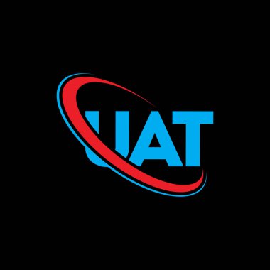 UAT logosu. UAT mektubu. UAT harf logosu tasarımı. Çember ve büyük harfli monogram logosuna bağlı ilk UAT logosu. Teknoloji, iş ve emlak markası için UAT tipografisi.