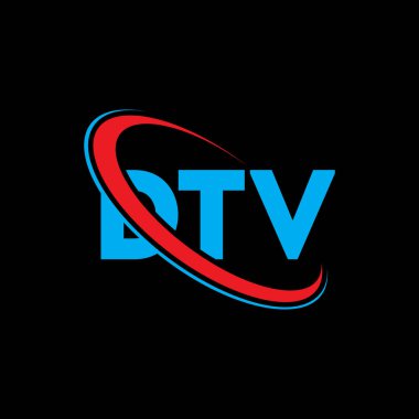 DTV logosu. DTV mektubu. DTV mektup logosu tasarımı. Daire ve büyük harfli monogram logosuna bağlı DTV logosu. Teknoloji, iş ve emlak markası için DTV tipografisi.