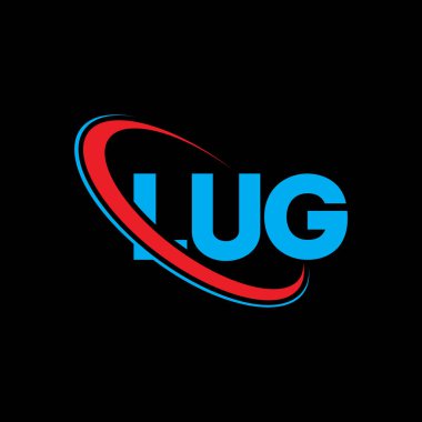 LUG logosu. LUG mektubu. LUG harf logosu tasarımı. Çember ve büyük harfli monogram logosuyla birleştirilmiş LUG logosu. Teknoloji, iş ve emlak markası için LUG tipografisi.