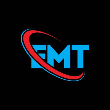 EMT logosu. İlkyardım mektubu. EMT mektup logosu tasarımı. Çember ve büyük harfli monogram logosuna bağlı EMT logosu. Teknoloji, iş ve emlak markası için EMT tipografisi.