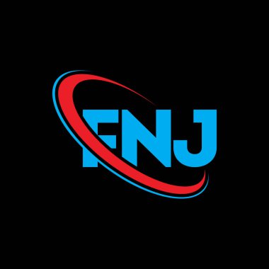 FNJ logosu. FNJ mektubu. FNJ harf logosu tasarımı. Çember ve büyük harfli monogram logosuna bağlı FNJ logosu. Teknoloji, iş ve emlak markası için FNJ tipografisi.