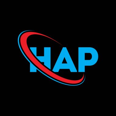 HAP logosu. HAP mektubu. HAP harf logosu tasarımı. Çember ve büyük harfli monogram logosuyla birleştirilmiş HAP logosu. Teknoloji, iş ve emlak markası için HAP tipografisi.