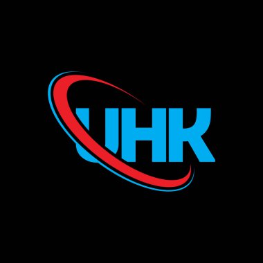 UHK logosu. UHK mektubu. UHK harf logosu tasarımı. Çember ve büyük harfli monogram logosuna bağlı UHK logosu. Teknoloji, iş ve emlak markası için UHK tipografisi.