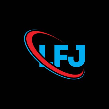 LFJ logosu. LFJ mektubu. LFJ harf logosu tasarımı. Çember ve büyük harfli monogram logosuna bağlı ilk LFJ logosu. Teknoloji, iş ve emlak markası için LFJ tipografisi.