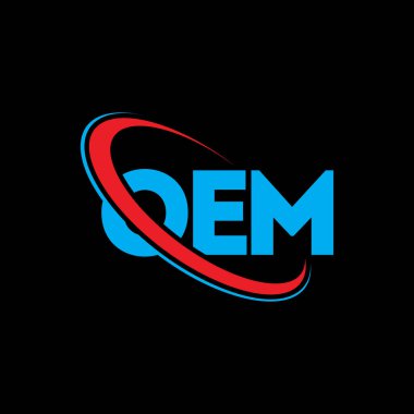 OEM logosu. OEM mektubu. OEM mektup logosu tasarımı. Çember ve büyük harfli monogram logosuyla birleştirilmiş OEM logosu. Teknoloji, iş ve emlak markası için OEM tipografisi.