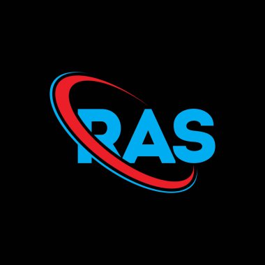 RAS logosu. RAS mektubu. RAS harf logosu tasarımı. Çember ve büyük harfli monogram logosuna bağlı ilk RAS logosu. Teknoloji, iş ve emlak markası için RAS tipografisi.