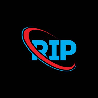 RIP logosu. RIP mektubu. RIP mektup logosu tasarımı. Çember ve büyük harfli monogram logosuna bağlı olan RIP logosu. Teknoloji, iş ve emlak markası için RIP tipografisi.