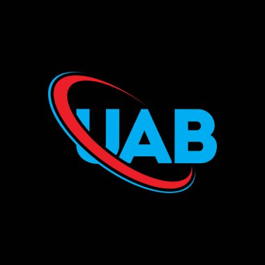 UAB logosu. UAB mektubu. UAB harfi logo tasarımı. Çember ve büyük harfli monogram logosuna bağlı UAB logosu. Teknoloji, iş ve emlak markası için UAB tipografisi.