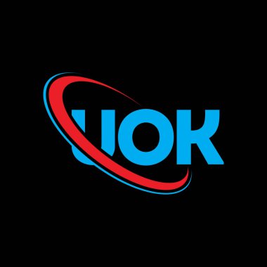 UOK logosu. UOK mektubu. UOK mektup logosu tasarımı. Çember ve büyük harfli monogram logosuna bağlı baş harfler UOK logosu. UOK teknoloji, iş ve emlak markası tipografisi.