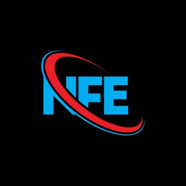 NFE logosu. NFE mektubu. NFE mektup logosu tasarımı. Çember ve büyük harfli monogram logosuna bağlı NFE logosunun baş harfleri. Teknoloji, iş ve emlak markası için NFE tipografisi.