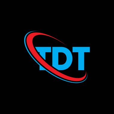 TDT logosu. TDT mektubu. TDT harf logosu tasarımı. Çember ve büyük harfli monogram logosuna bağlı baş harfler TDT logosu. Teknoloji, iş ve emlak markası için TDT tipografisi.