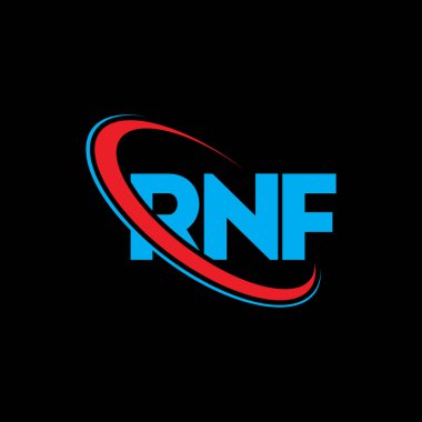RNF logosu. RNF mektubu. RNF mektup logosu tasarımı. Çember ve büyük harfli monogram logosuna bağlı RNF logosu. RNF teknoloji, iş ve emlak markası tipografisi.